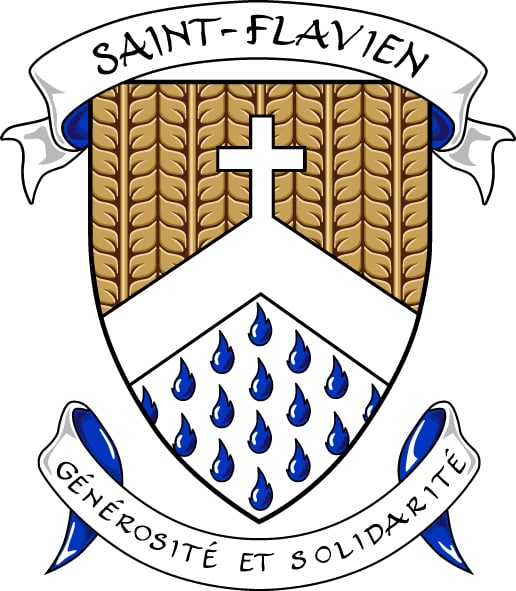 Blason Saint-Flavien: croix, épis, gouttes bleues.