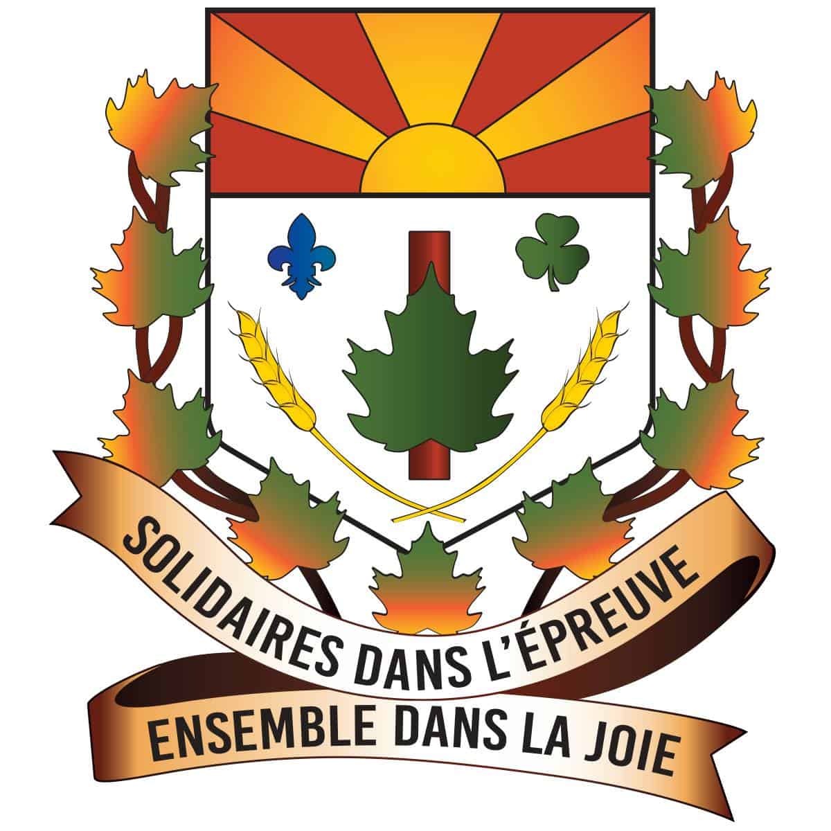 Blason avec feuilles, soleil et slogan français.