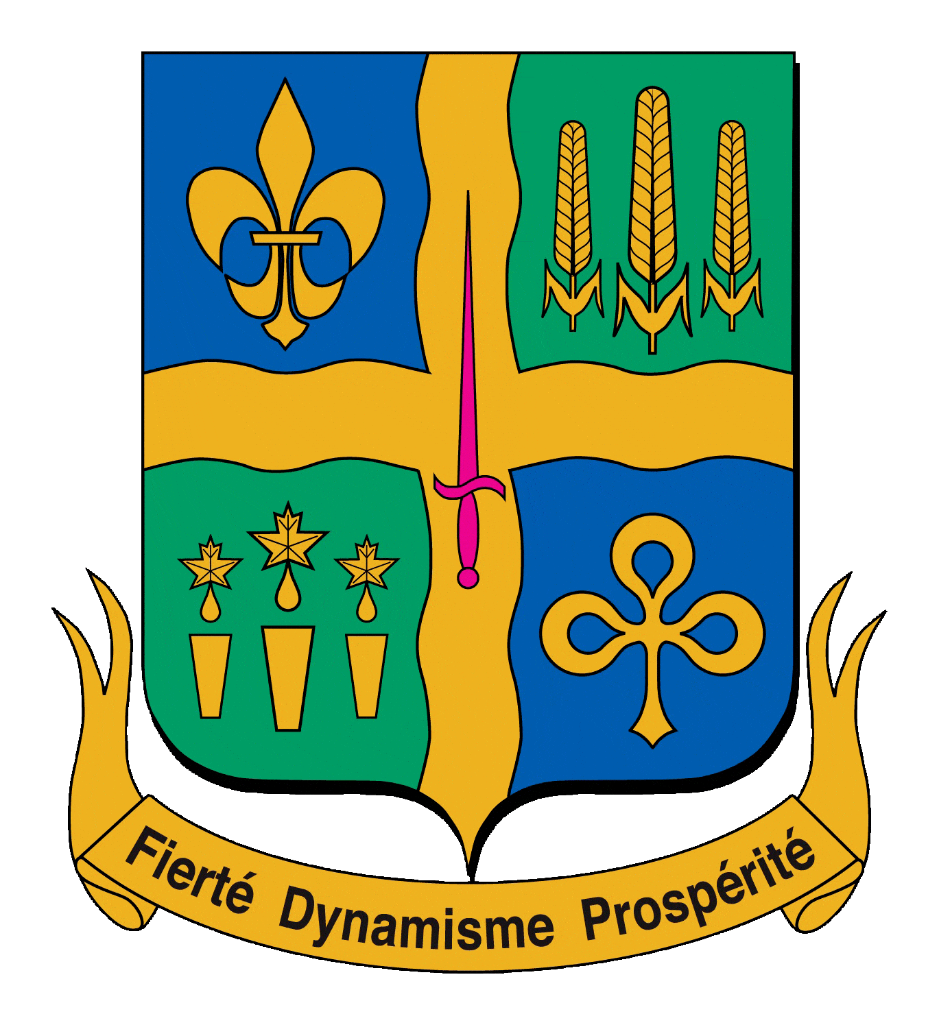 Blason coloré avec texte Fierté Dynamisme Prospérité.