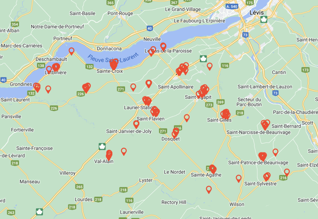 Carte des localités autour de Lotbinière, Québec