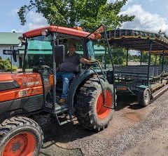 Tracteur rouge tirant une remorque sur route gravillonnée.