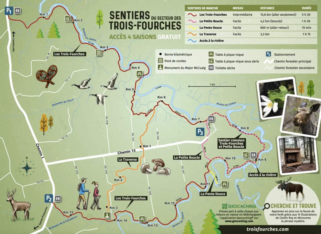 Carte des sentiers randonnée Trois-Fourches, accès gratuit.