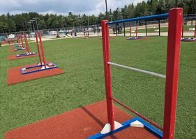 Terrain de golf miniature avec obstacles colorés.