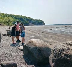 Groupe explorant une plage rocheuse.