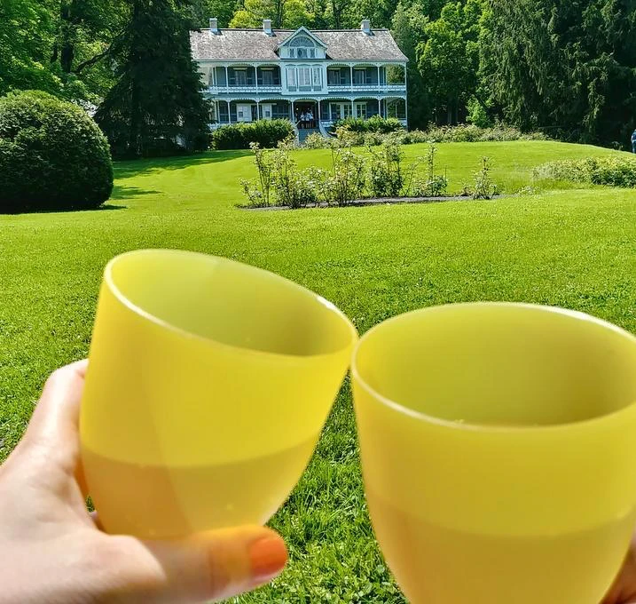 Toasts devant maison avec jardin verdoyant.