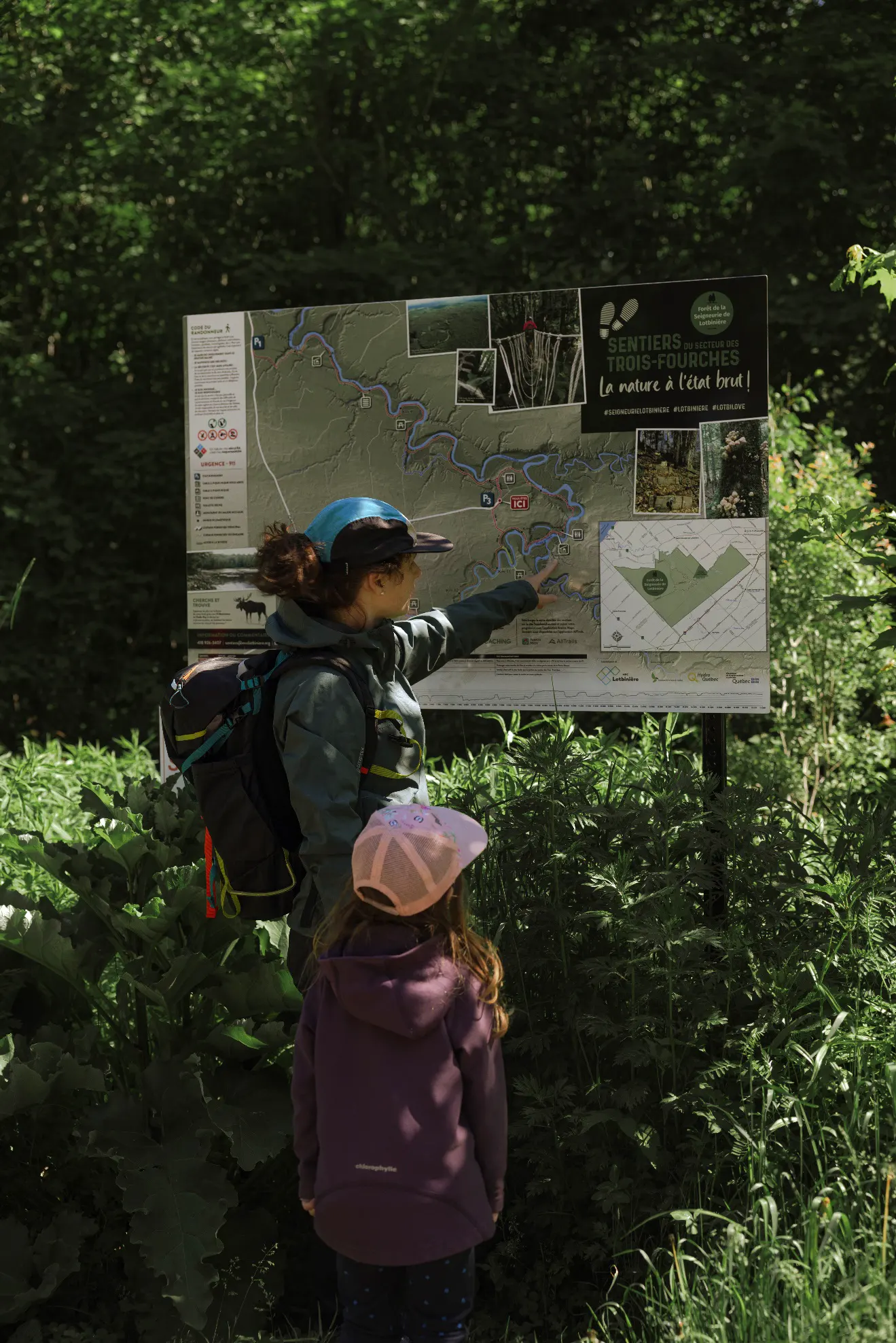 Personnes regardant une carte de randonnée en forêt.