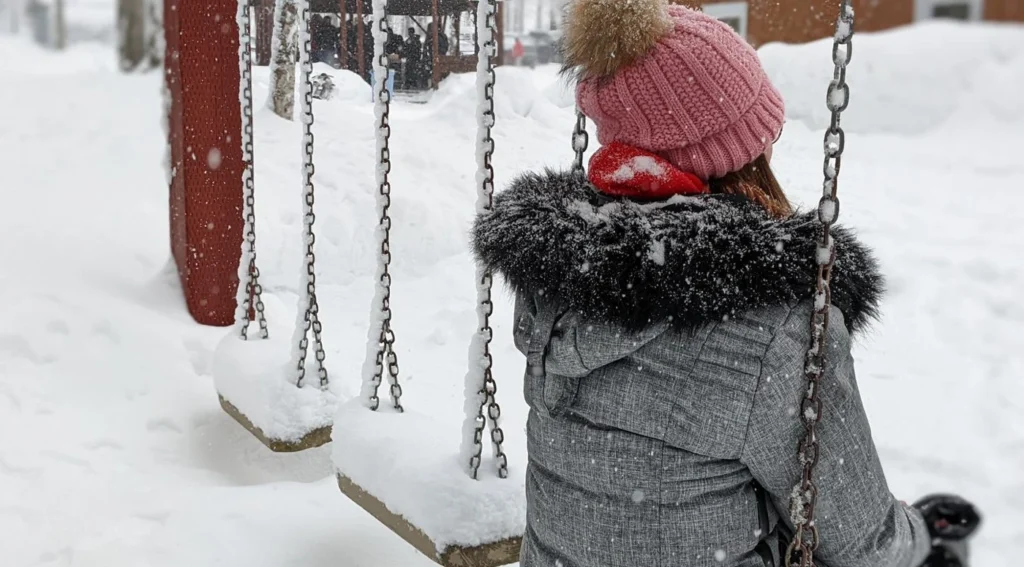 Personne assise sur balançoire enneigée en hiver.