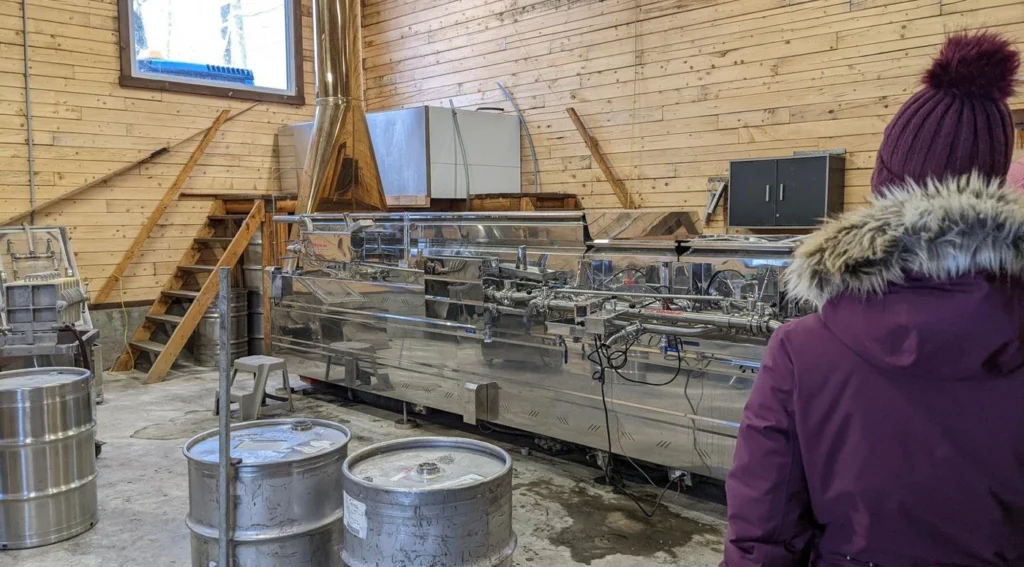 Intérieur d'une érablière avec équipements de production.