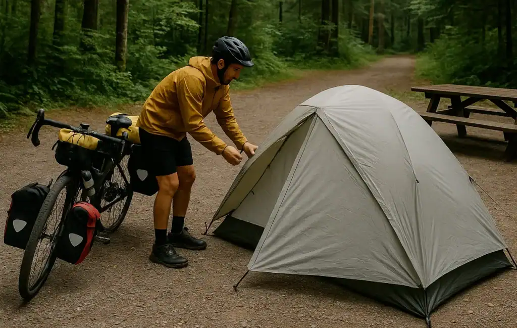 Homme monte une tente près d'un vélo en forêt.
