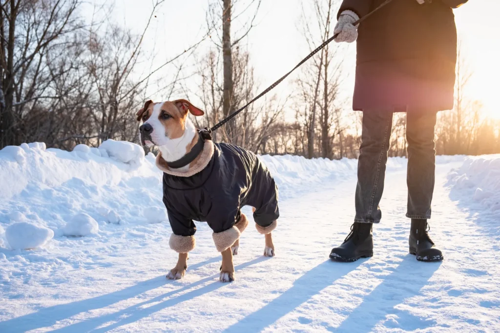 Chien en manteau marchant sur la neige, matin ensoleillé.